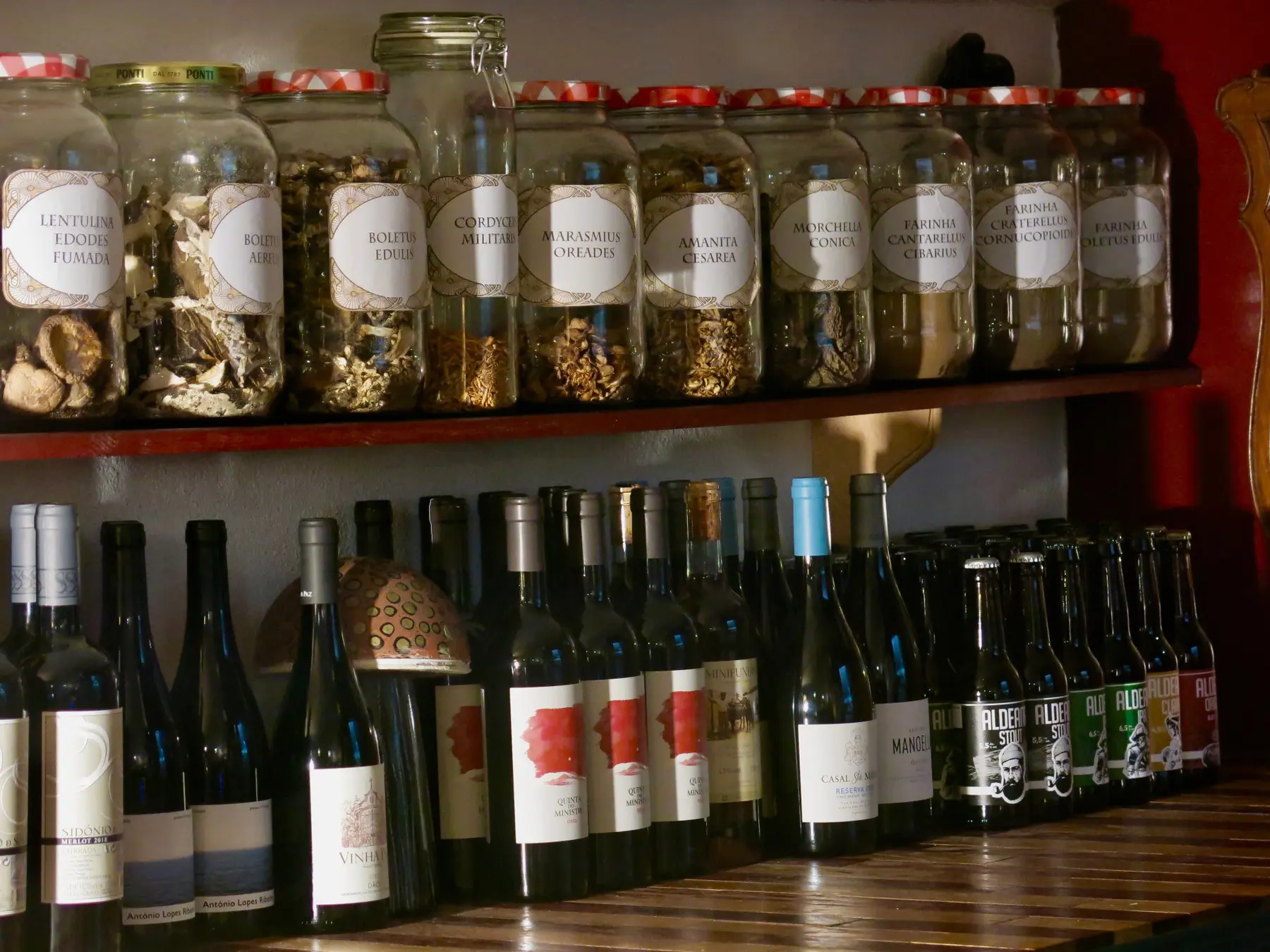 Frascos de cogumelos secos e garrafas de vinho